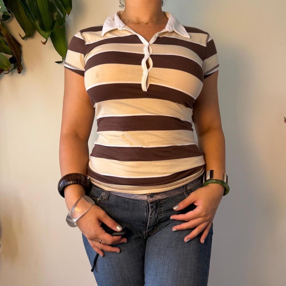 SO Brown Cream Striped Polo Baby Tee Y2K Deadstock NWT Large